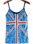 Romwe Spaghetti Strap Union Jack Sequined Blue Cami Top