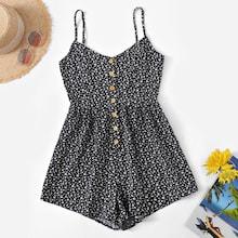Romwe Plus Ditsy Floral Button Front Cami Romper