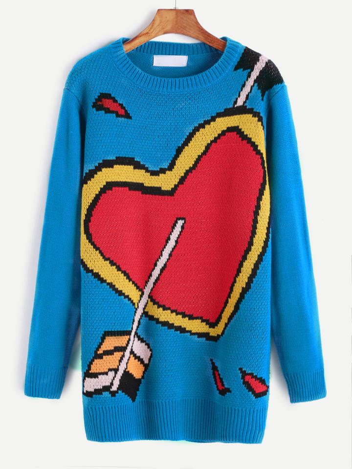 Romwe Blue Heart Pattern Sweater Dress