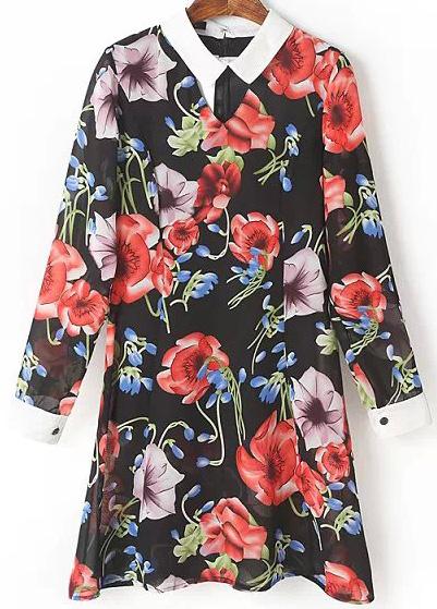 Romwe Black Contrast Collar Long Sleeve Floral Chiffon Dress
