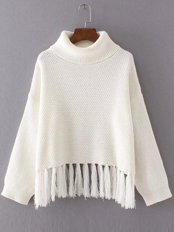 Romwe White Turtleneck Drop Shoulder Fringe Hem Sweater