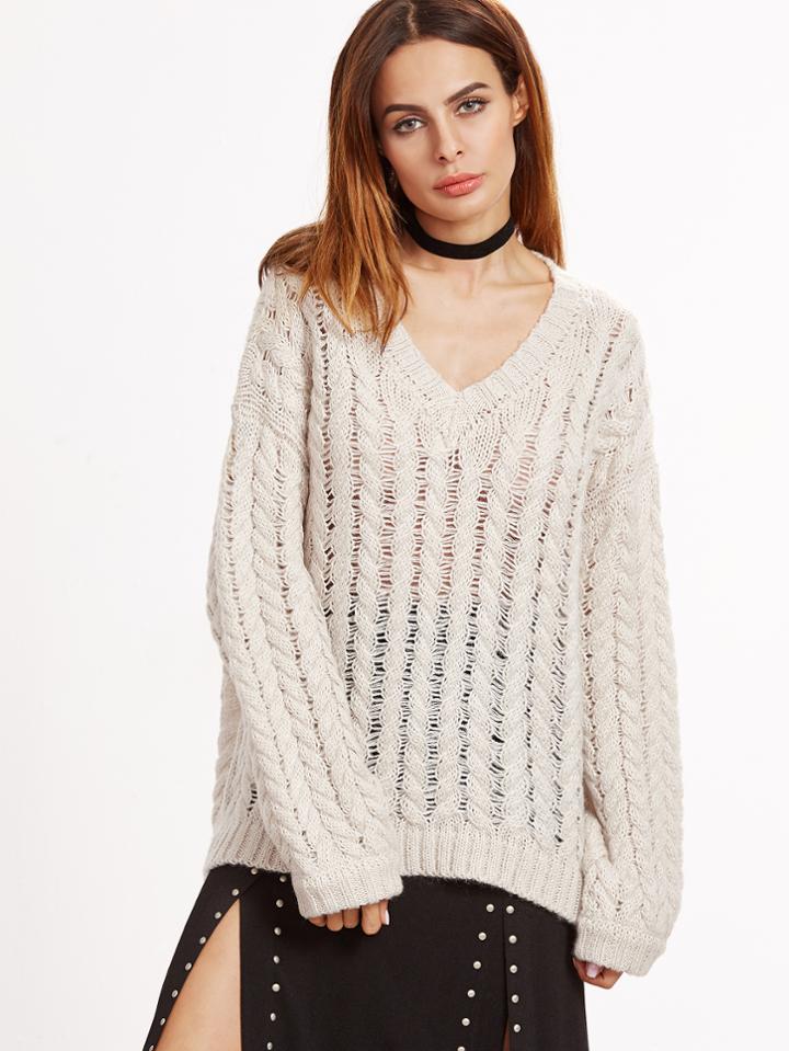 Romwe Apricot Cable Knit Oversized Eyelet Sweater