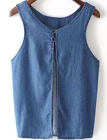 Romwe Round Neck Back Split Denim Top