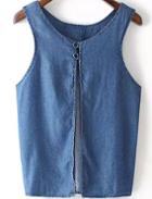 Romwe Round Neck Back Split Denim Top