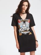 Romwe Black Graphic Print Cutout V Neck Tee Dress