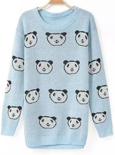 Romwe Panda Head Print Blue Sweater