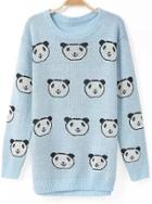 Romwe Panda Head Print Blue Sweater