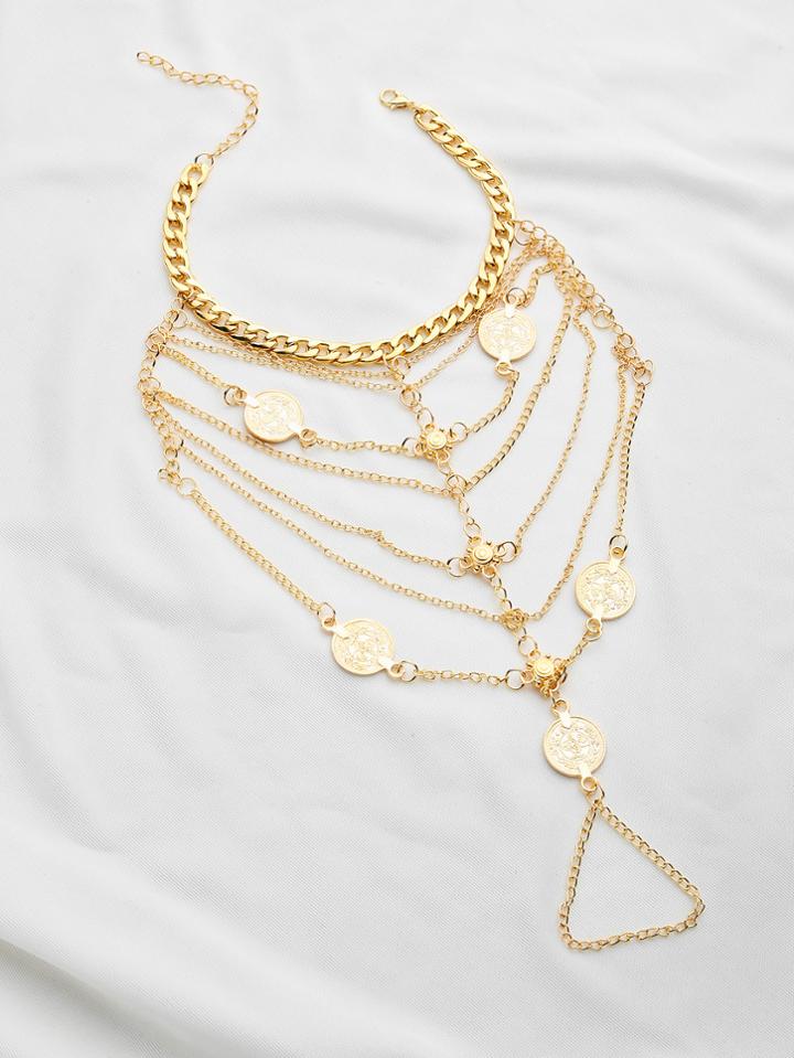 Romwe Tribal Coin Decorated Layered Anklet With Toe Ring