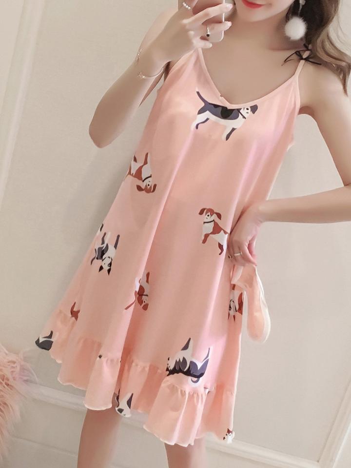 Romwe Dog Print Ruffle Hem Night Dress