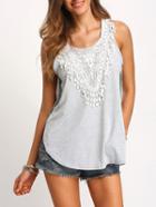 Romwe Grey Round Neck Lace Loose Tank Top