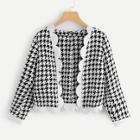 Romwe Scallop Trim Open Front Houndstooth Coat
