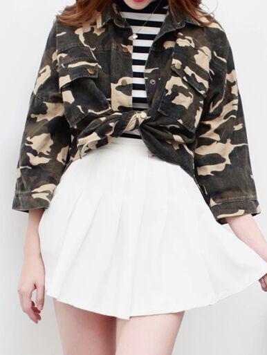 Romwe Lapel Dip Hem Camouflage Denim Coat
