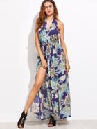 Romwe Navy Printed Halter Backless Maxi Dress