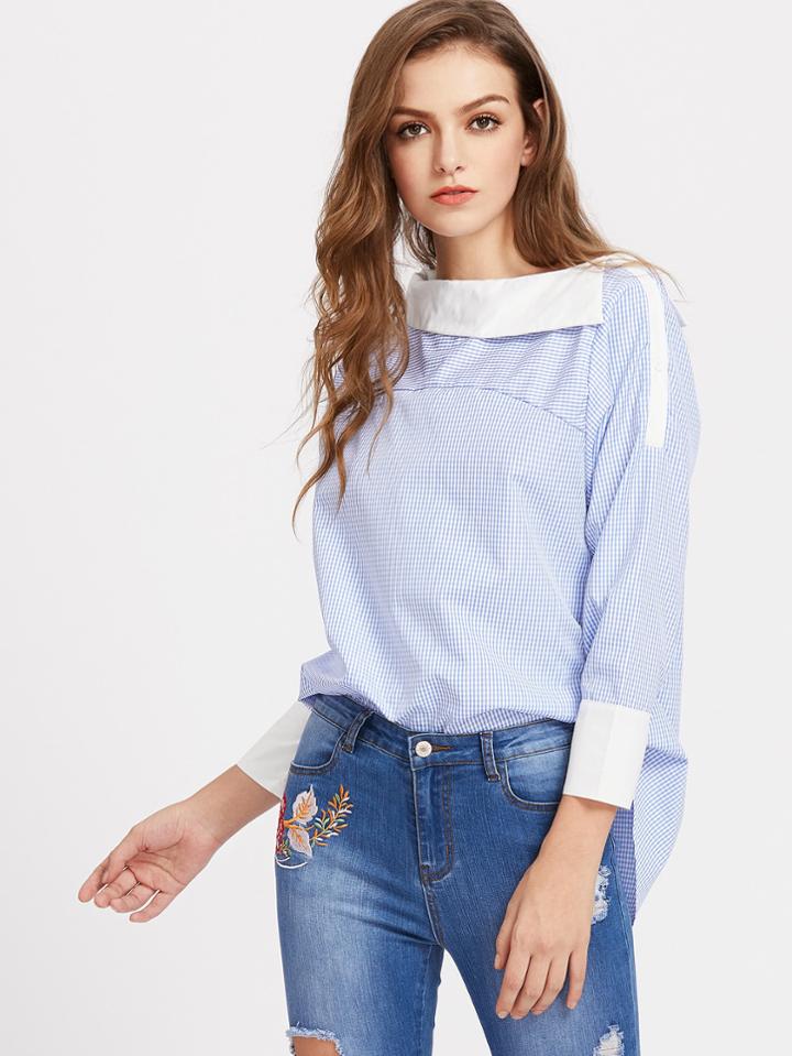 Romwe Fold Over Neckline Gingham Dip Hem Top