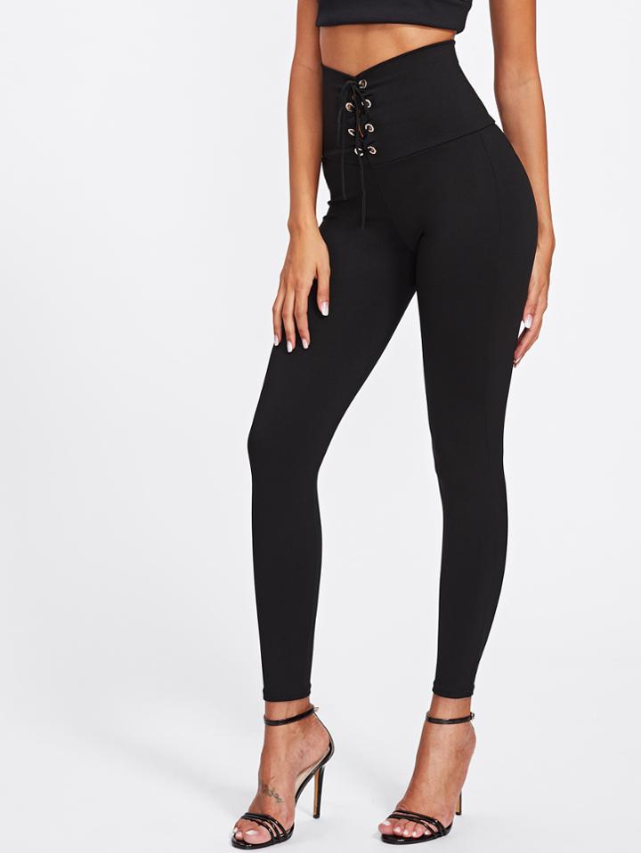 Romwe Empire Eyelet Lace Up Leggings