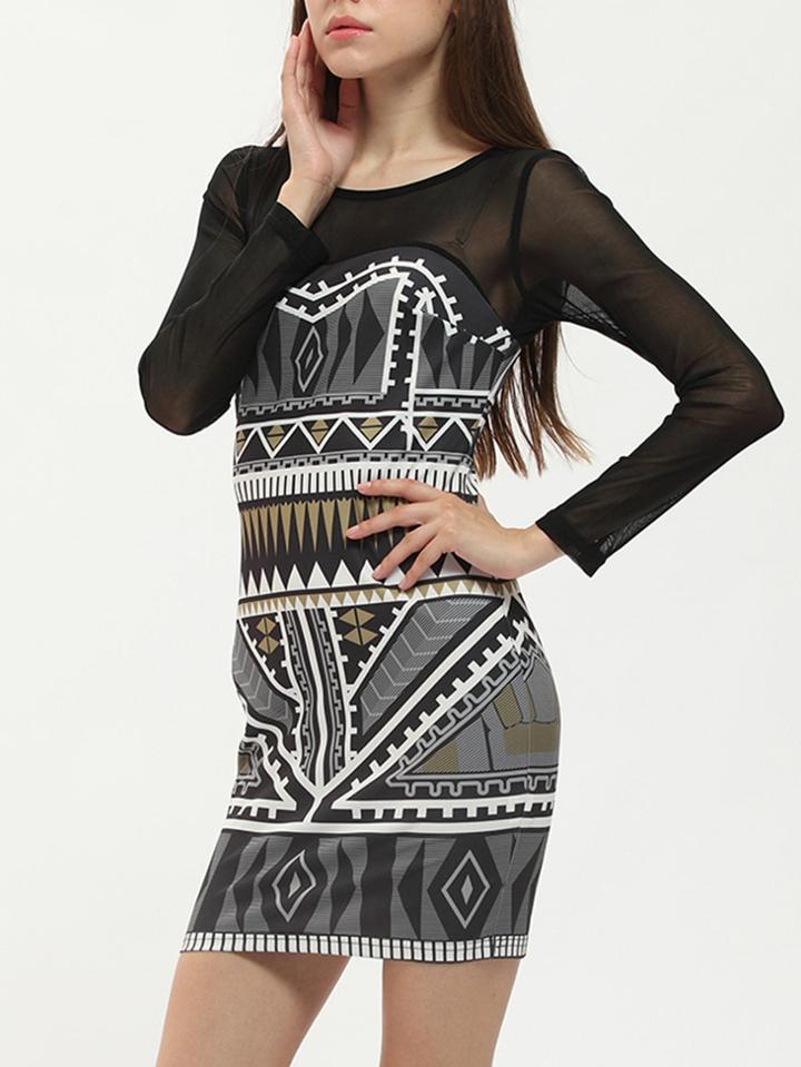 Romwe Black Tribal Print Mesh Bodycon Dress