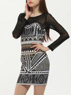 Romwe Black Tribal Print Mesh Bodycon Dress