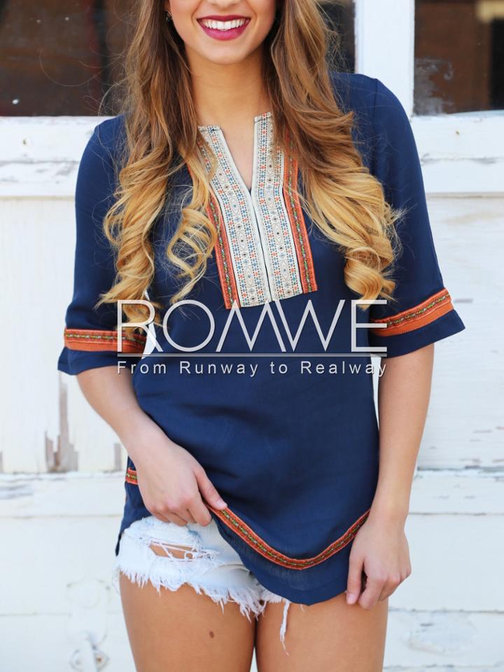 Romwe Royalblue Half Sleeve Embroidered Loose Blouse
