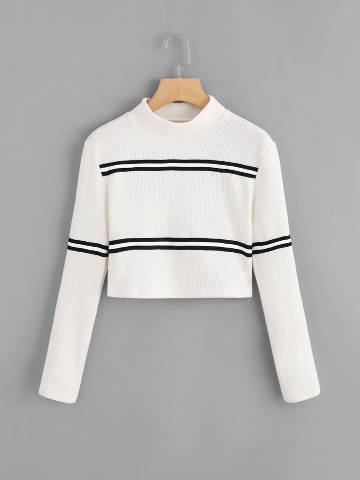 Romwe Stand Neck Varsity Striped Ribbed Tee