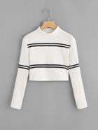 Romwe Stand Neck Varsity Striped Ribbed Tee