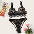 Romwe Floral Lace Overlay High Leg Bikini Set
