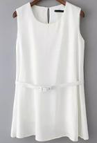 Romwe White Round Neck Sleeveless Chiffon Blouse With Blet