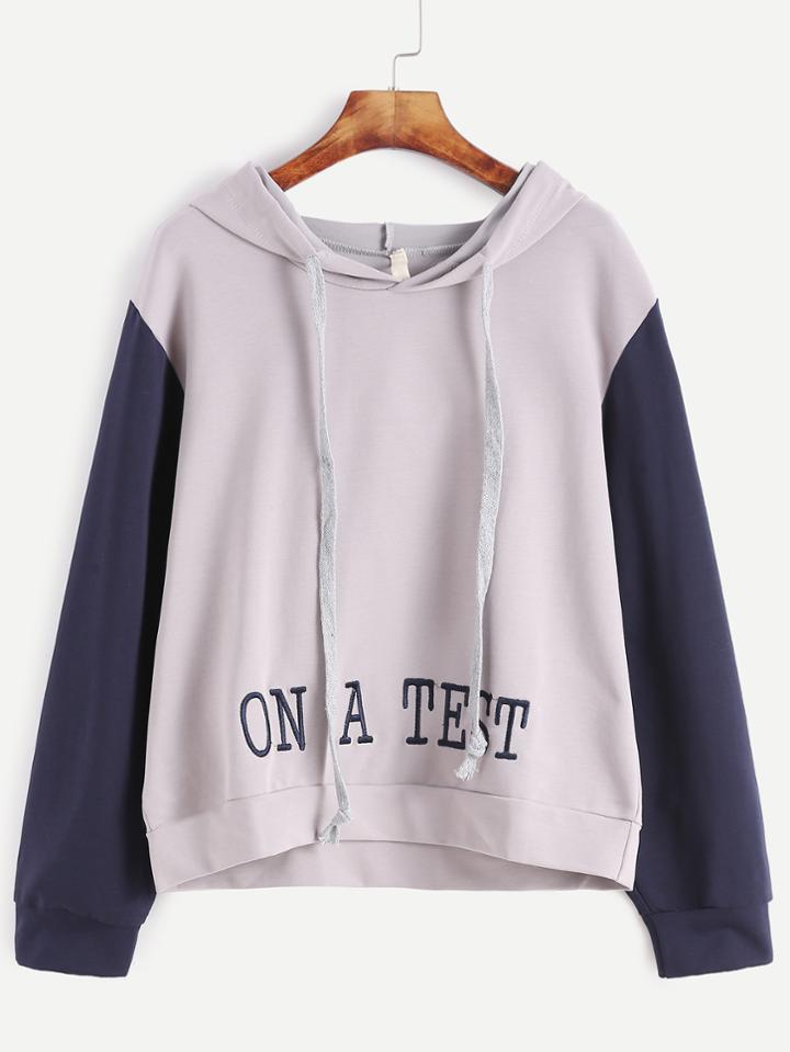 Romwe Contrast Dip Hem Letter Embroidery Drawstring Hooded Sweatshirt