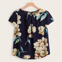 Romwe Plus Flower Print Keyhole Back Blouse
