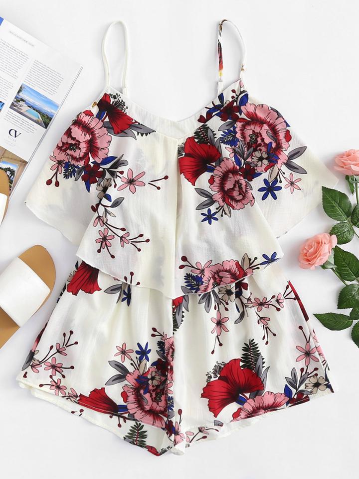 Romwe Flower Print Cami Romper