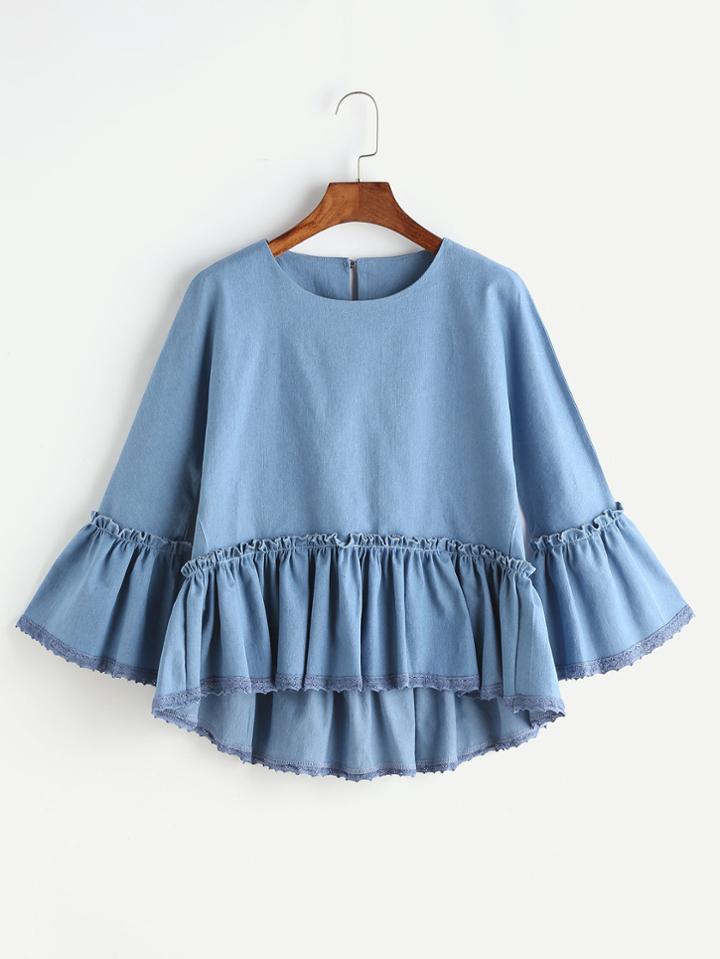 Romwe Blue Ruffle Trim Bell Sleeve High Low Denim Top