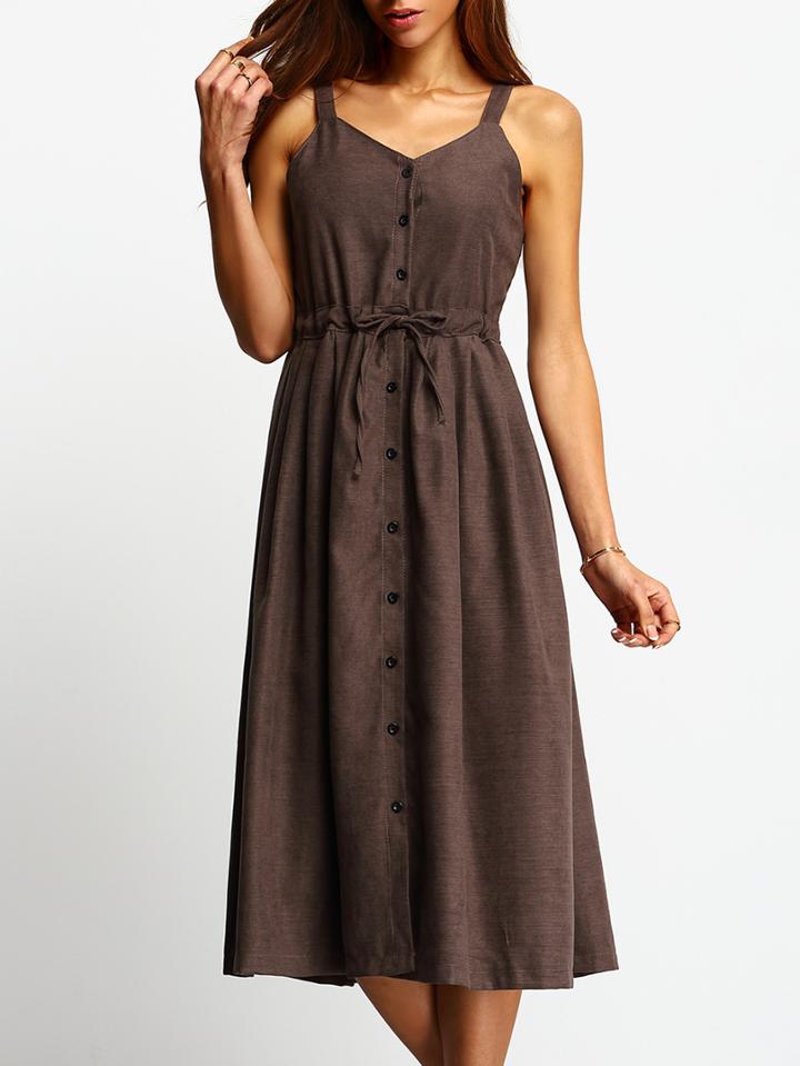 Romwe Straps Drawstring Button-down A-line Dress