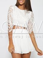 Romwe White Half Sleeve With Lace Playsuit