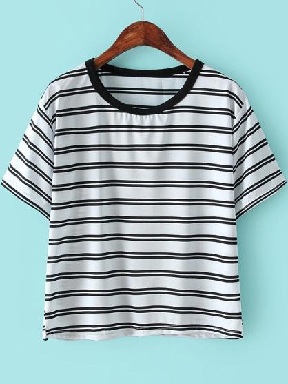 Romwe White Short Sleeve Striped Slim T-shirt