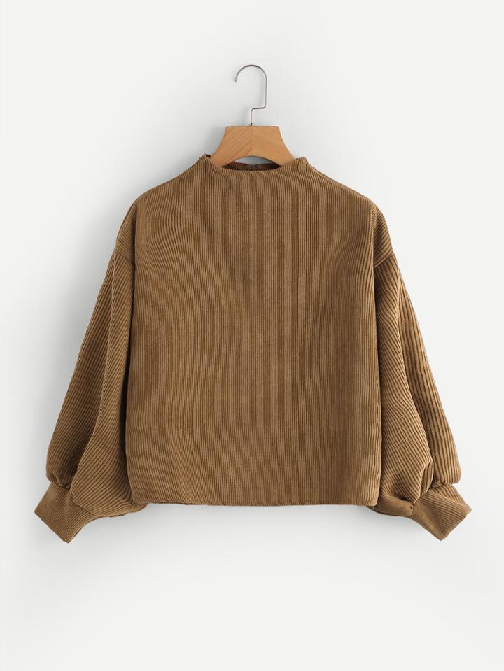 Romwe Zip Back Bishop Sleeve Corduroy Pullover