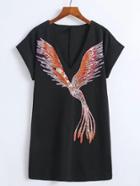 Romwe Phoenix Print Plunge Neckline Dress