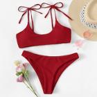 Romwe Ribbed Self Tie Top With Cheeky Bikini