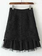 Romwe Black High Waist Tulle Splicing Hollow Crochet Lace Skirt