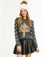 Romwe Green Polka Dot Pom Pom Christmas Tree Sweater