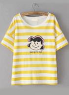 Romwe Striped Cartoon Print Yellow T-shirt