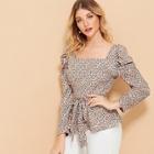 Romwe Puff Sleeve Square Neck Tie Waist Blouse