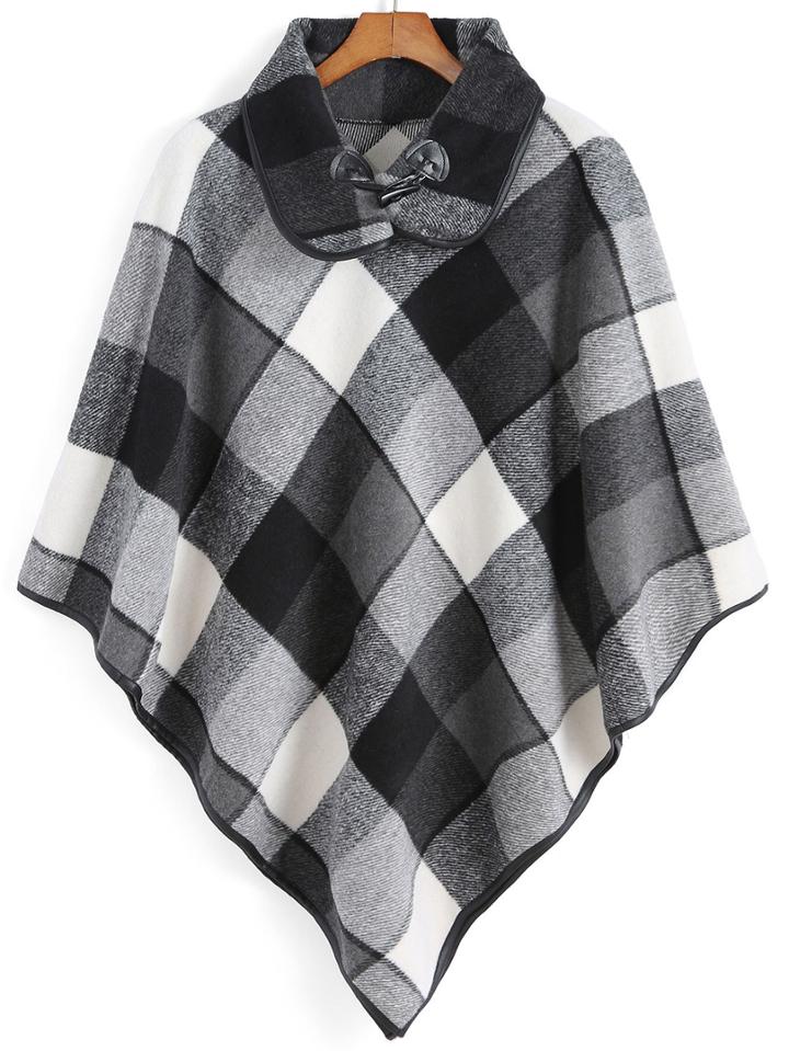 Romwe Lapel Plaid Poncho Black Coat