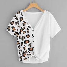 Romwe Plus Button Through Knot Hem Leopard Print Tee