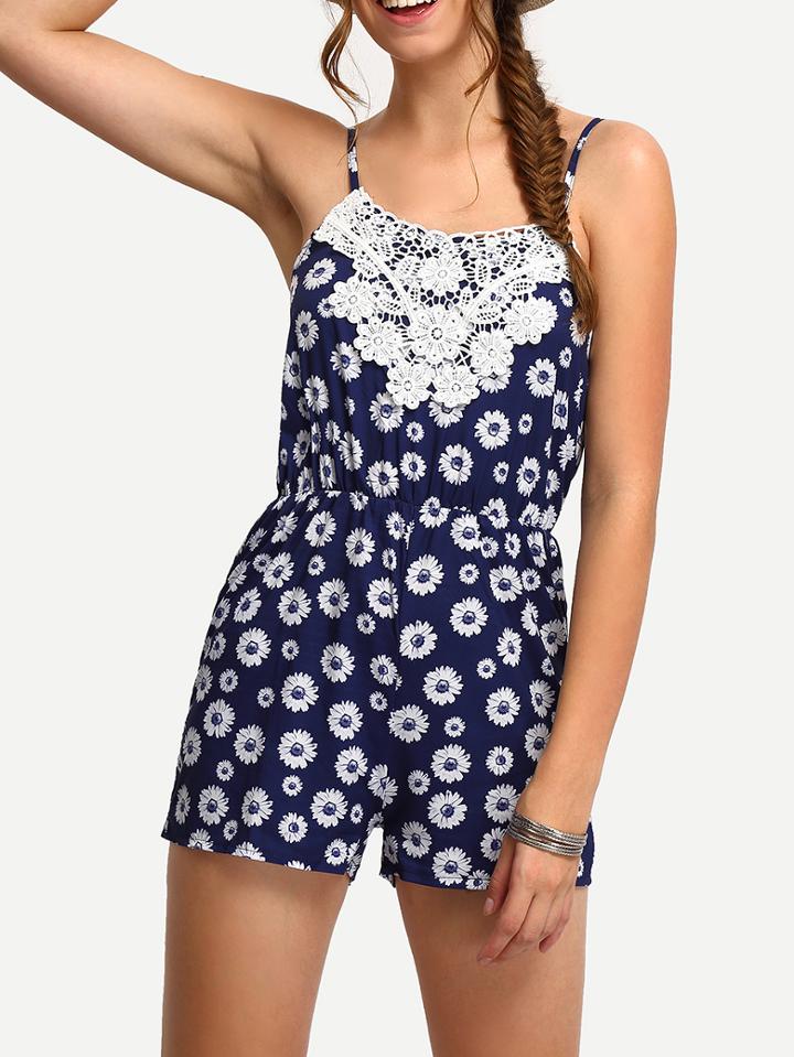 Romwe Spaghetti Strap Contrast Lace Daisy Print Romper
