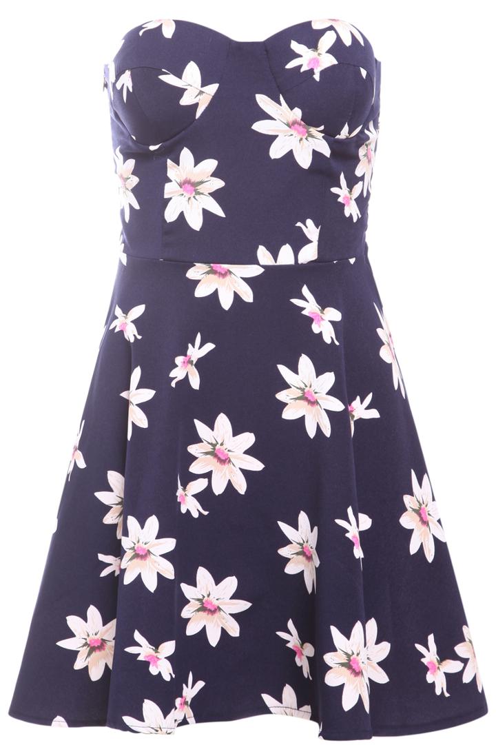 Romwe Strapless With Zipper Flower Print Flare Dress