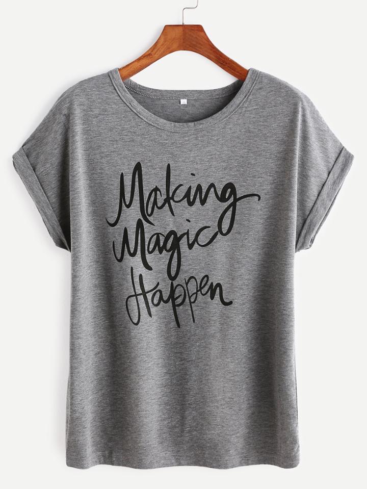 Romwe Grey Letter Print Roll Sleeve T-shirt