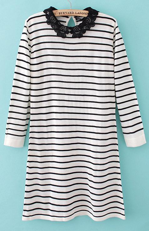 Romwe Black And White Striped Lace Collar Sweater Dress