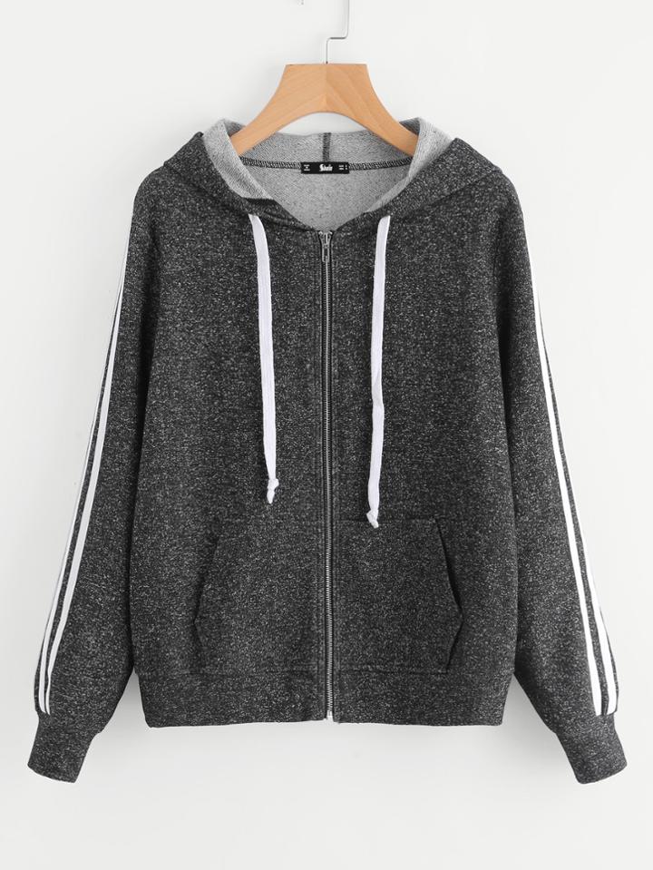 Romwe Striped Sleeve Marled Knit Zip Up Hoodie