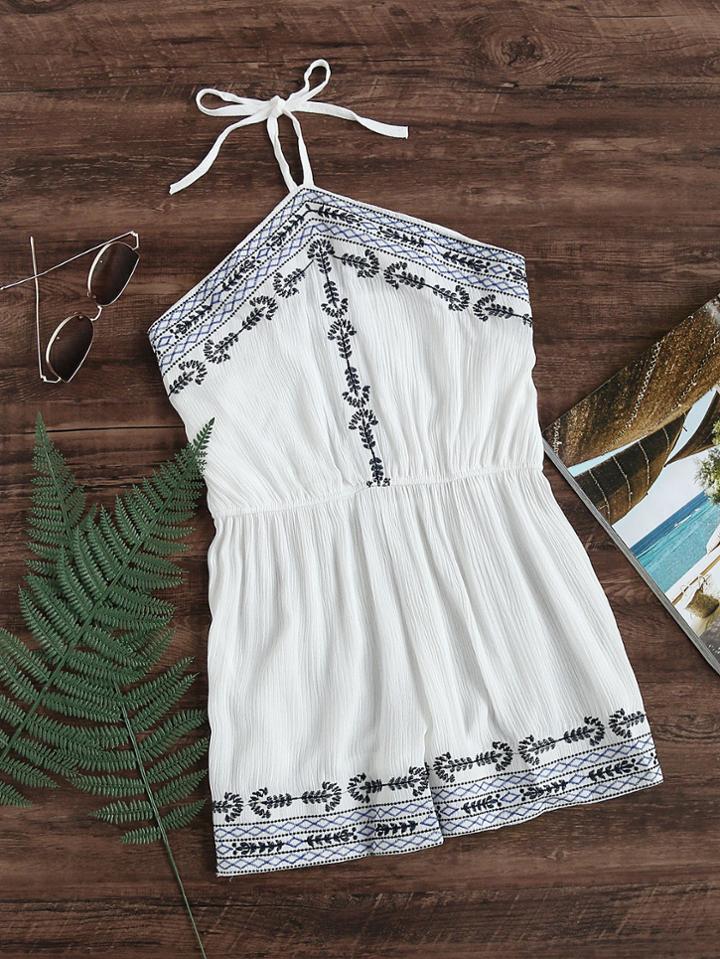 Romwe Halter Neck Self Tie Aztec Embroidered Pleated Romper