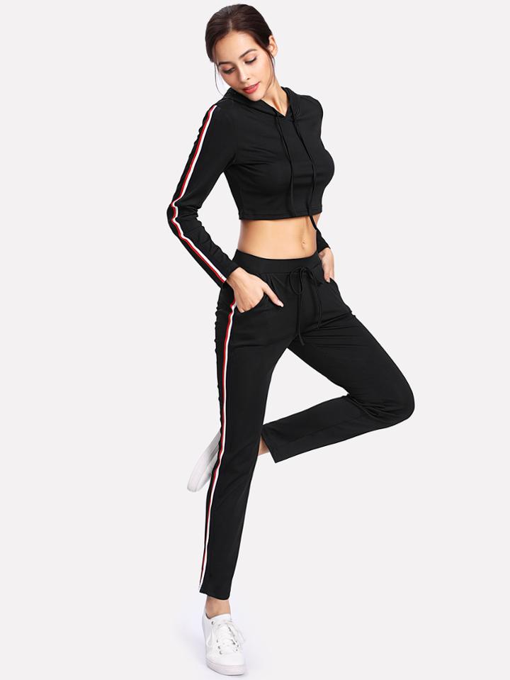 Romwe Stripe Tape Side Crop Hoodie & Pants Set