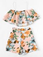 Romwe Floral Print Tiered Top With Shorts